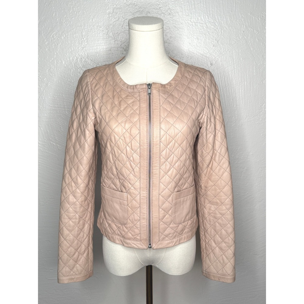 Hinge Quilted Leather Jacket Full Zip Pale Pink Coat Size XS